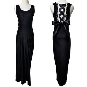 Vintage 90's Contempo Casuals D Ring Corset Back Black Slit Maxi Dress Medium